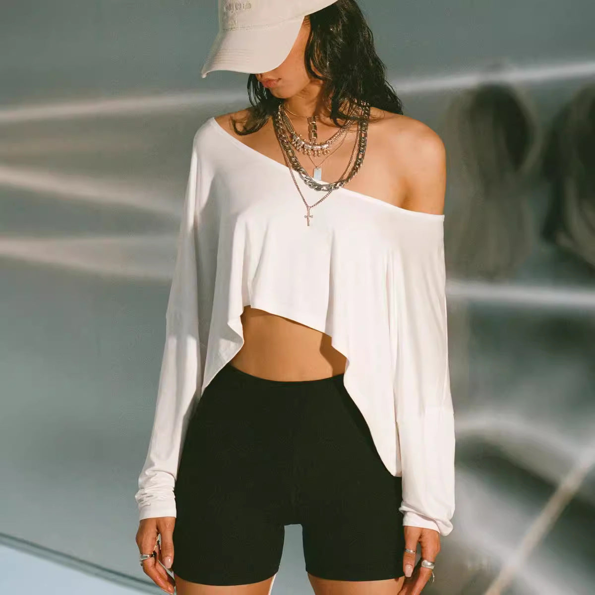 Boho Off-Shoulder Asymmetric Hem Long Sleeve Top Collection