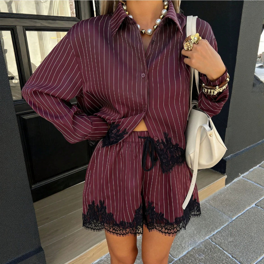 Lace Patchwork Stripes Shirt and Shorts Two-Piece Set