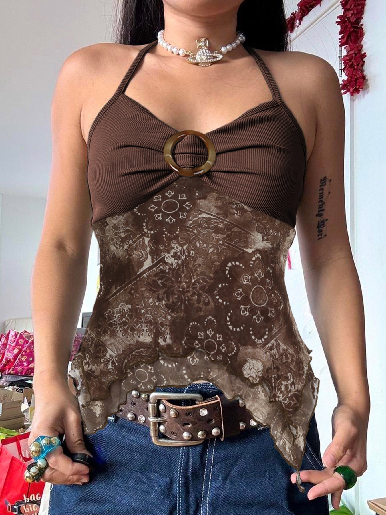 Bohemian Vintage Print Halter Lace Cami Top