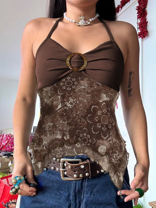 Bohemian Vintage Print Halter Lace Cami Top