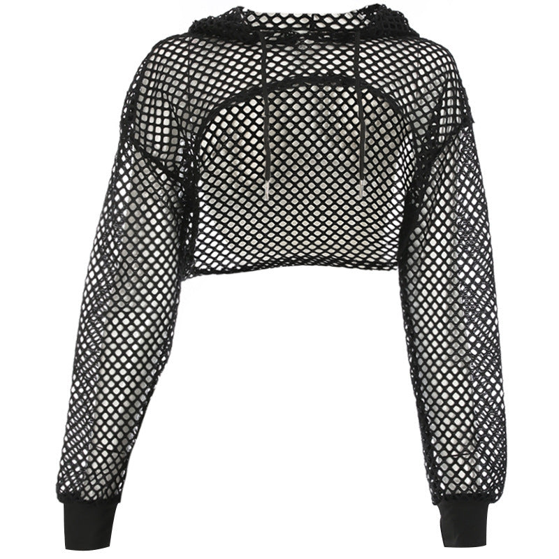 Bohemian Fishnet Mesh Cropped Hooded Cover-Up