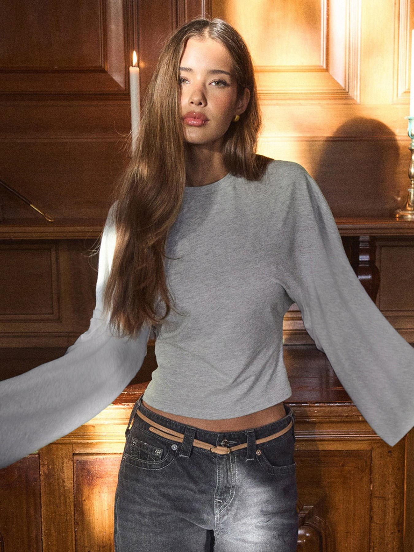 Boho-Inspired Cropped Crew Neck Long Sleeve Tee