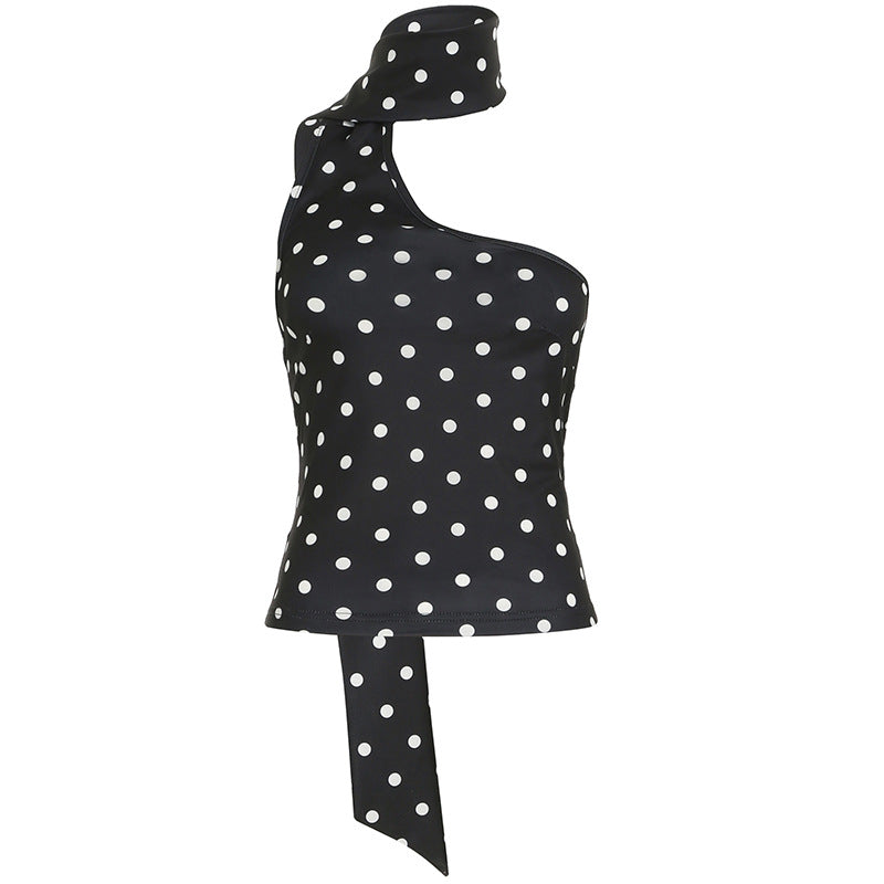 Leopard & Polka Dot Halter Tie Ruffled Top