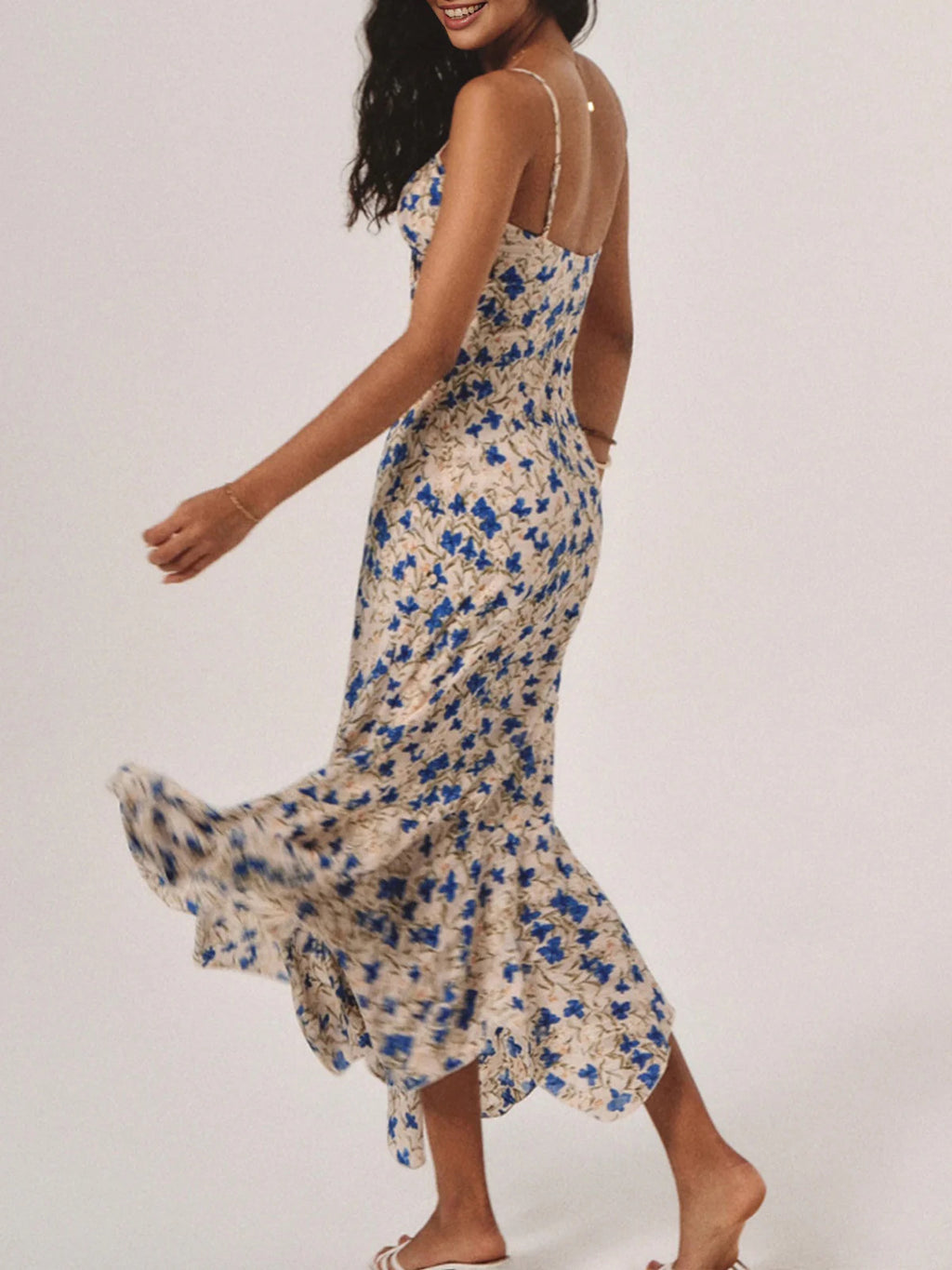 Vacation Tight Waist Floral Print Strap Sheath Long Dress