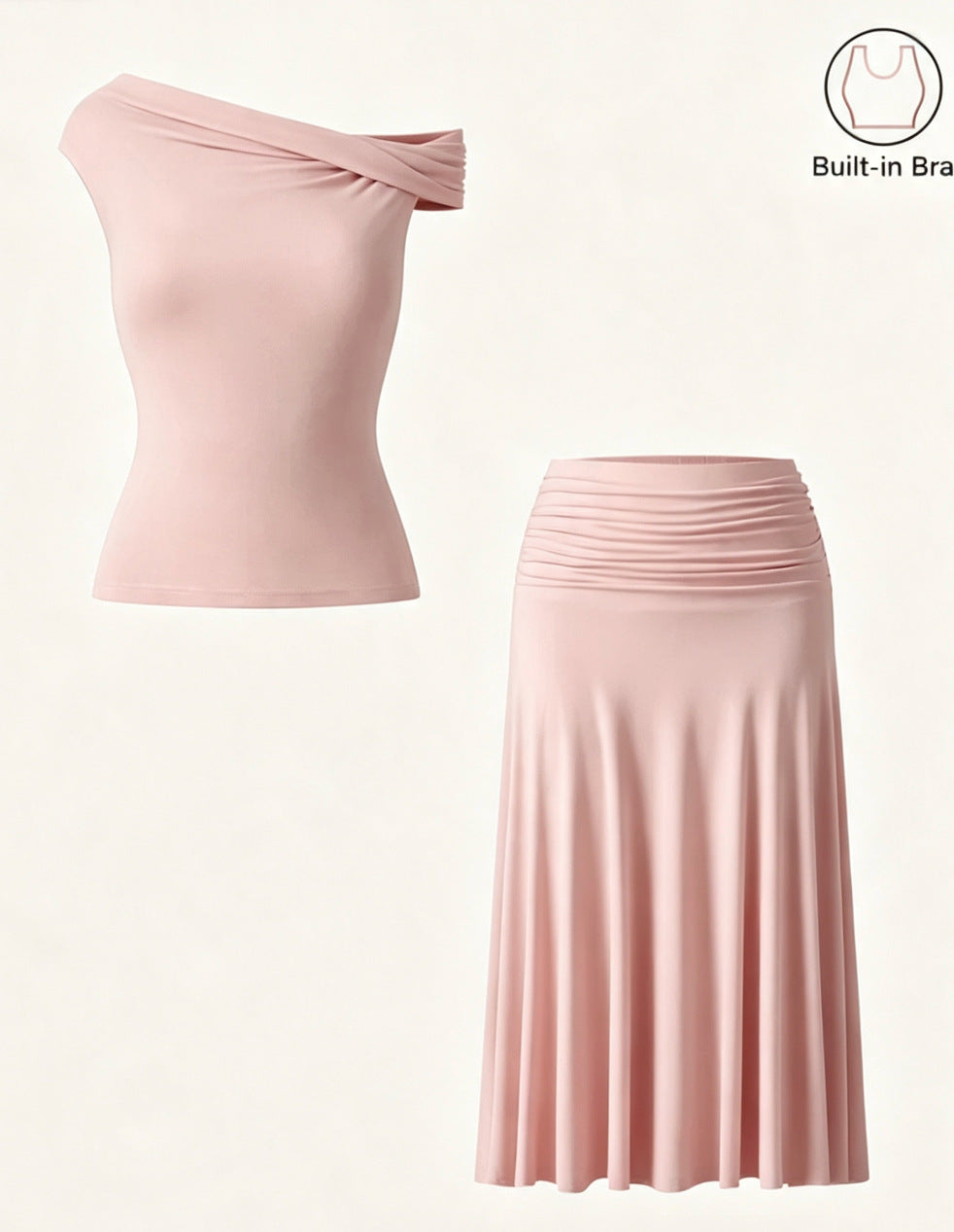 Women's Summer Slim Fit Pleated Skirt Set with Built-in Chest Pads and Off-Shoulder Design
