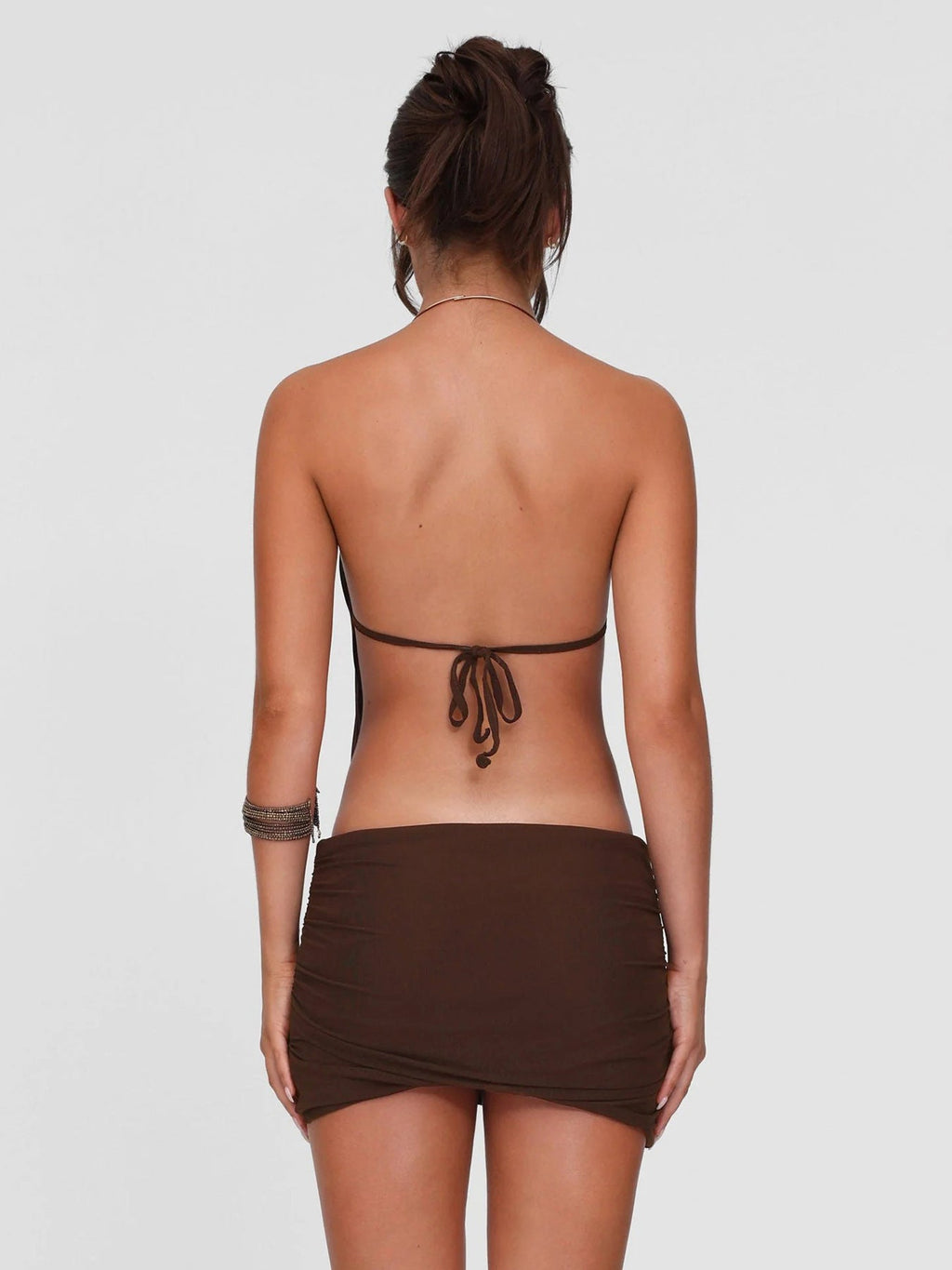 Boho Metal Halter Cutout Ruched Mini Dress