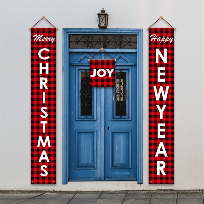 New Christmas Decoration Supplies Plaid Door Curtain Hanging Flag Door Hanging Party Atmosphere Layout Couplet Hanging Flag