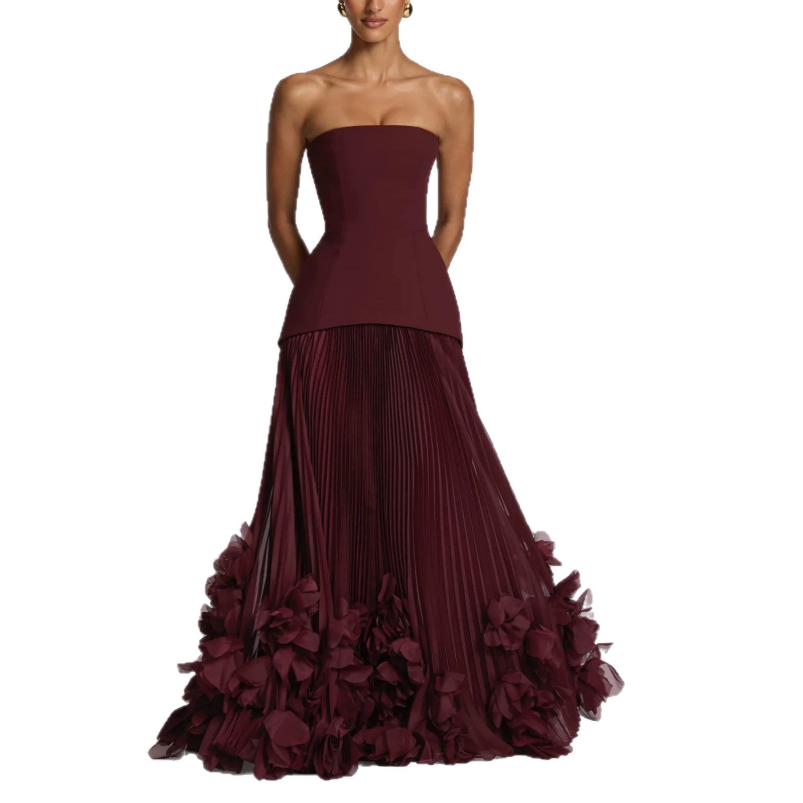 Burgundy strapless cinched waist tie pleated three-dimensional floral evening gown