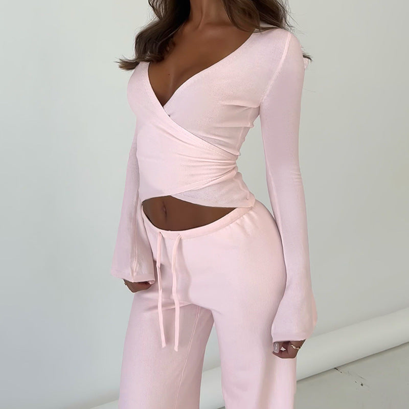 Wrap V-Neck Flare Sleeve Loungewear Wide-Leg Pants Set