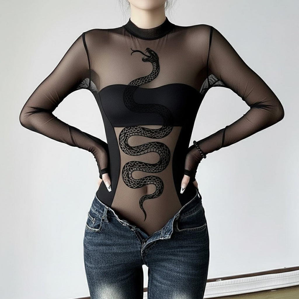 Boho Sheer Mesh Printed Long Sleeve Bodysuit Collection