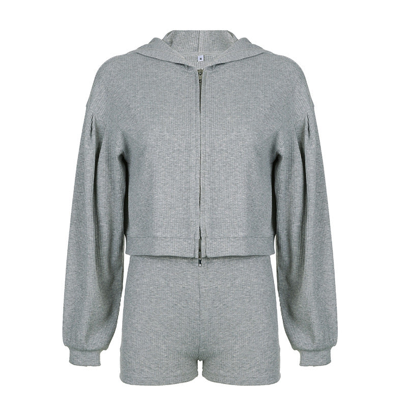 Waffle Knit Hoodie + V-Neck Bralette + Shorts Loungewear Three-Piece Set