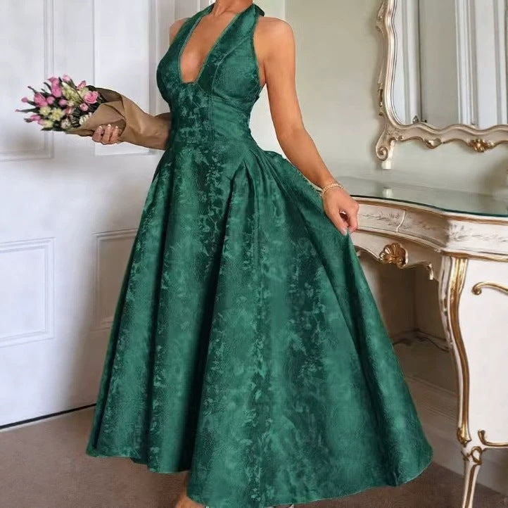 V-neck Halter Jacquard Dress Senior Evening Dress Spring/Summer Elegance Sleeveless Backless Waist Trimming Long Dress