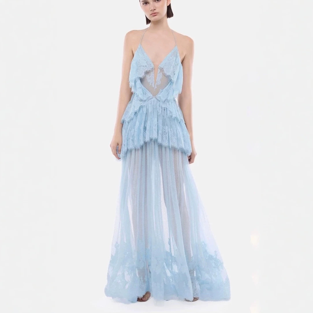 Ice Blue Ruffle Tulle Maxi Gown