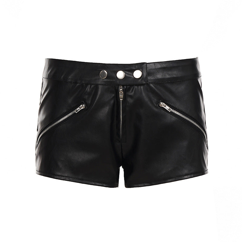 Low-Rise PU Leather Three-Button Zipper Detail Hot Pants