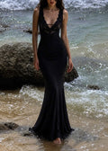 Black Lace Trim Mermaid Maxi Dress