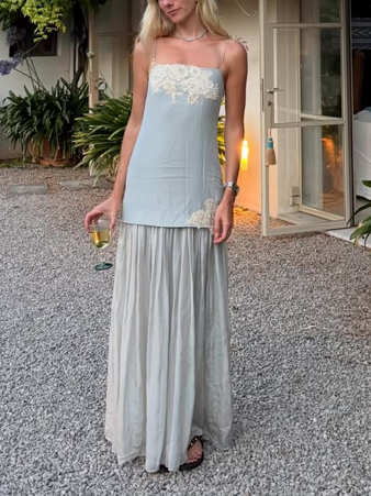 Grey Satin Lace Detail Midi Dress
