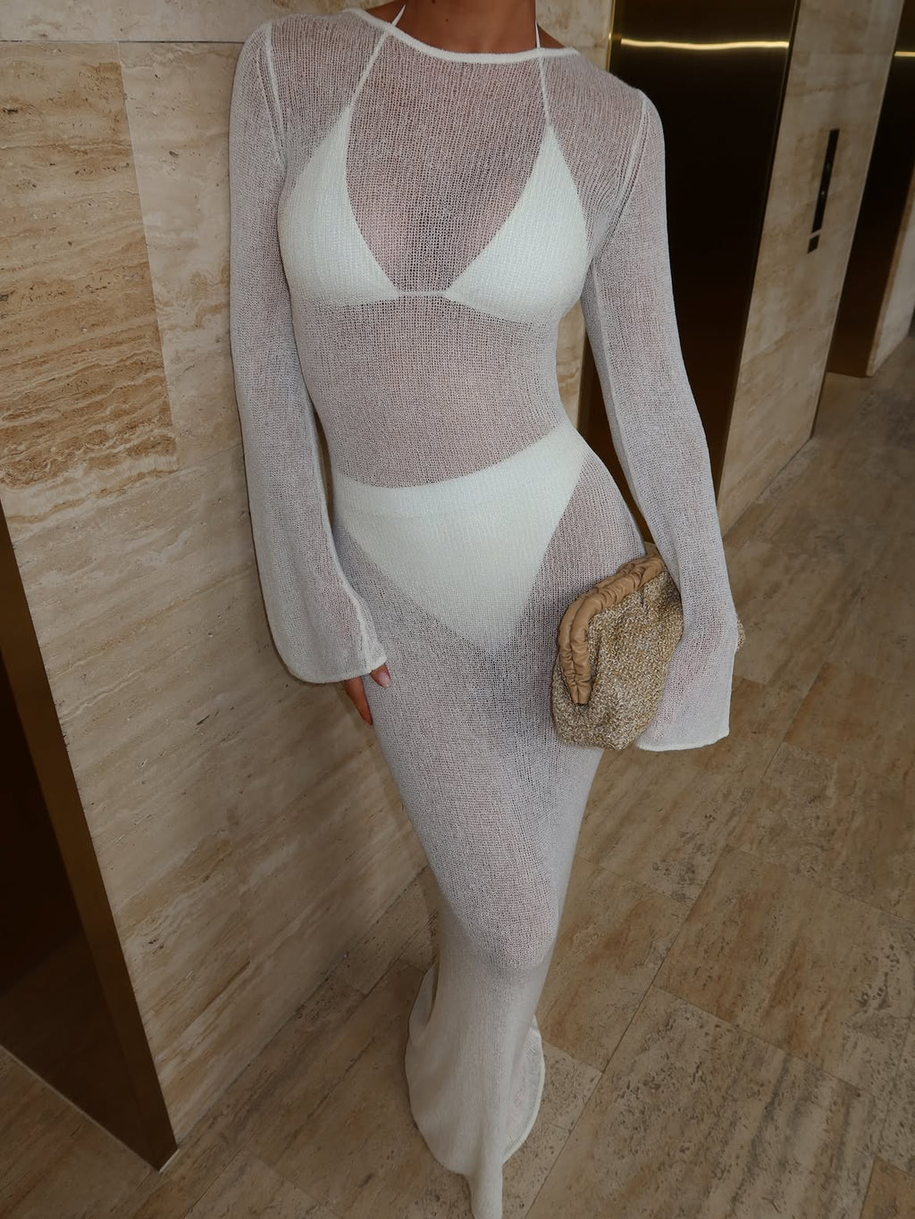 Sheer Knit Long Sleeve Maxi Dress