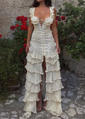 Cream Ruffle Sleeveless Lace-Up Corset Asymmetric Tiered Ruffle Maxi Dress