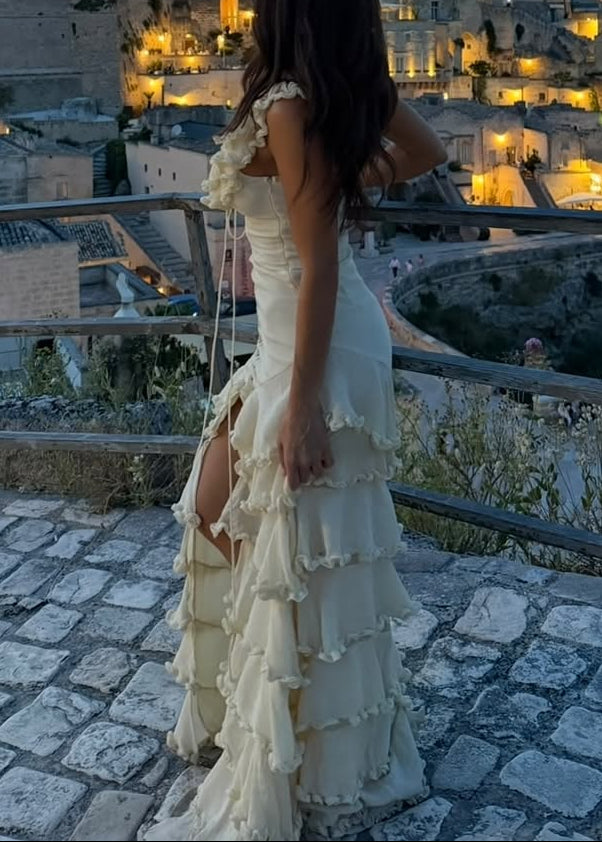 Cream Ruffle Sleeveless Lace-Up Corset Asymmetric Tiered Ruffle Maxi Dress