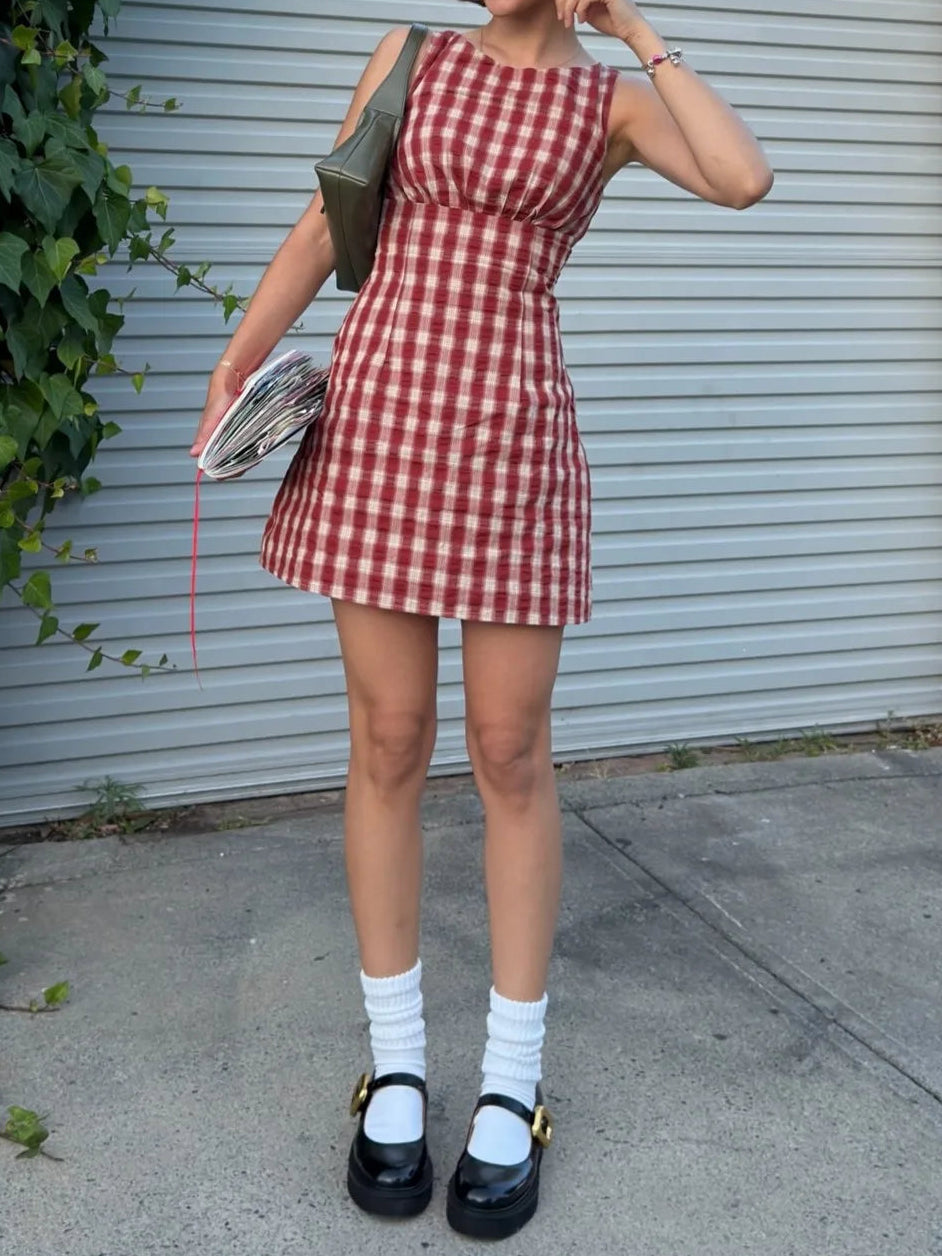 Red Gingham Sleeveless Mini Dress | Vintage Preppy A-Line