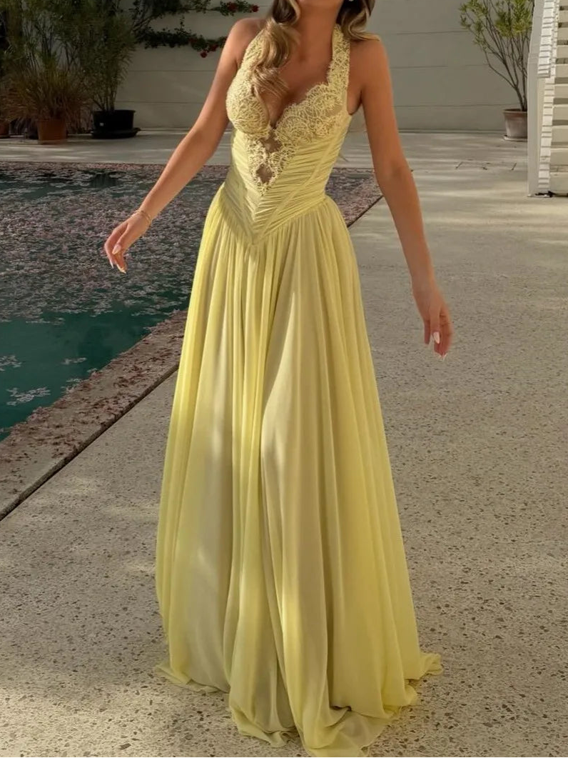 Halter Lace Corset Chiffon Evening Gown