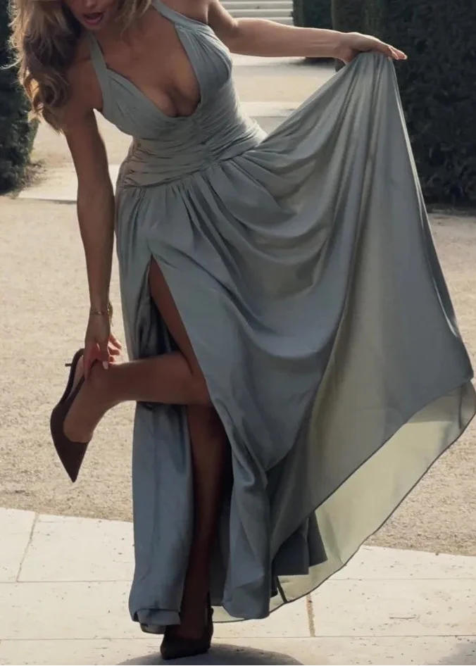 French Halter Deep V Ruched Slit Flare Maxi Dress | Luxury Elegant Waist-Cinching Slimming Evening Gown
