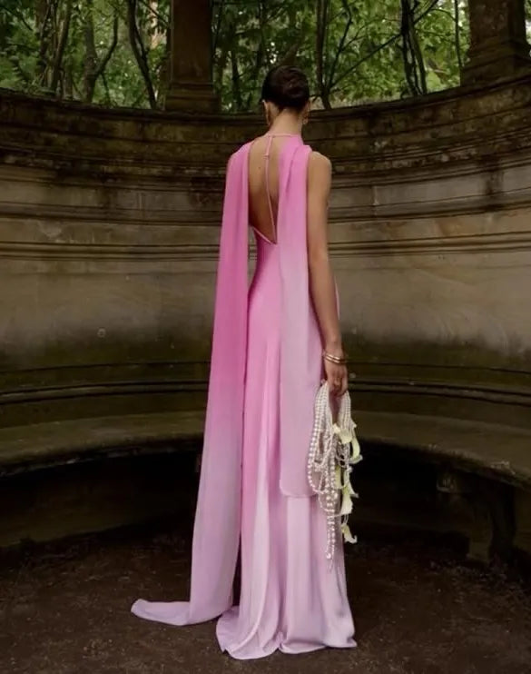 Pink Satin V-Neck Spaghetti Strap Backless Evening Gown with Drape