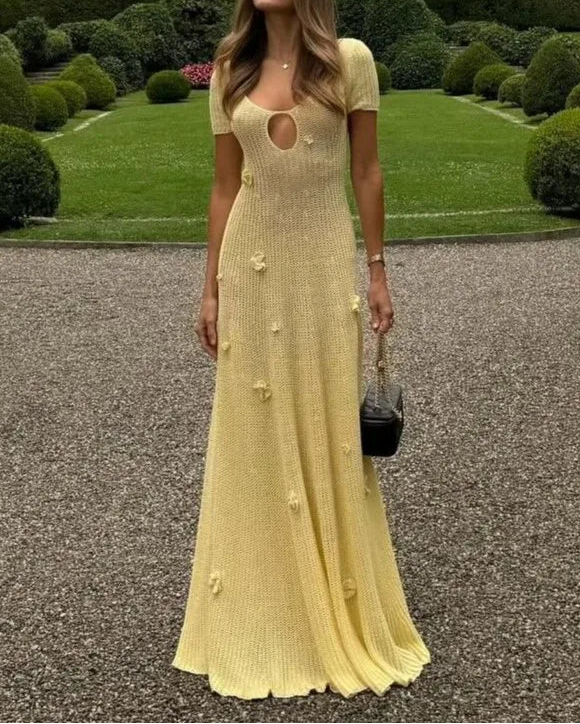 Cream Yellow 3D Flower U-Neck Cutout Knit Backless Maxi Dress