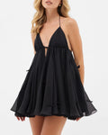 Black Halter Deep V Neck Backless Bow-Embellished Chiffon Mini Dress