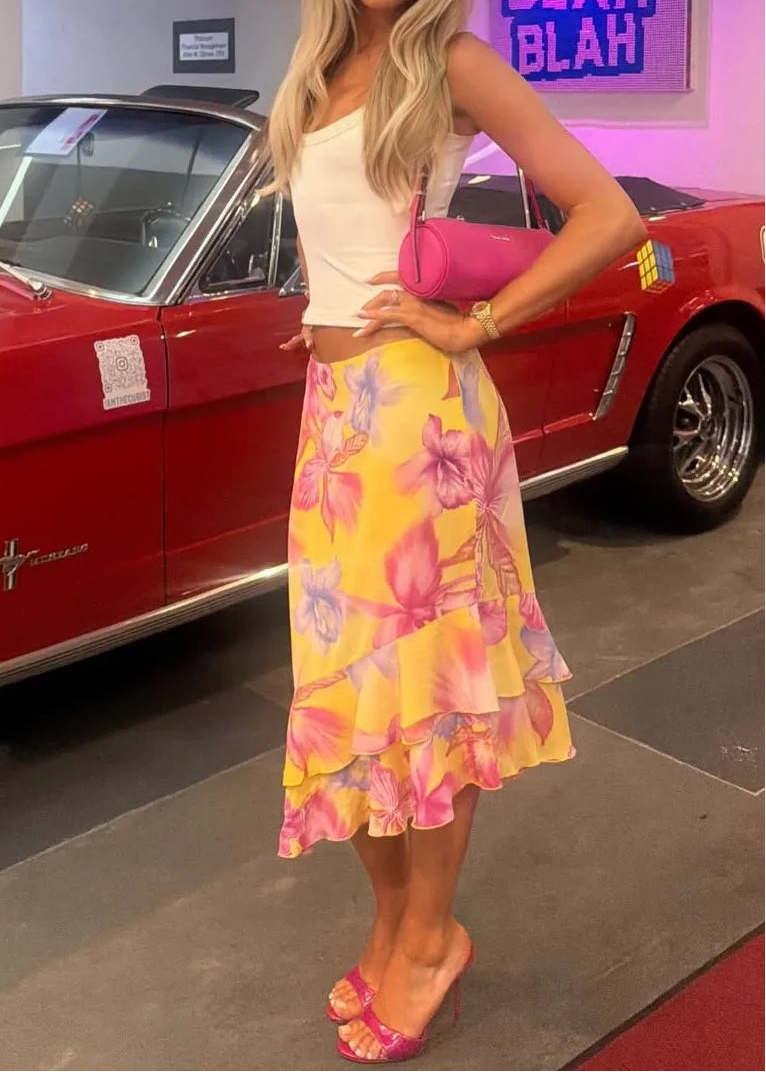 Yellow Tropical Floral Print Ruffle Midi Skirt