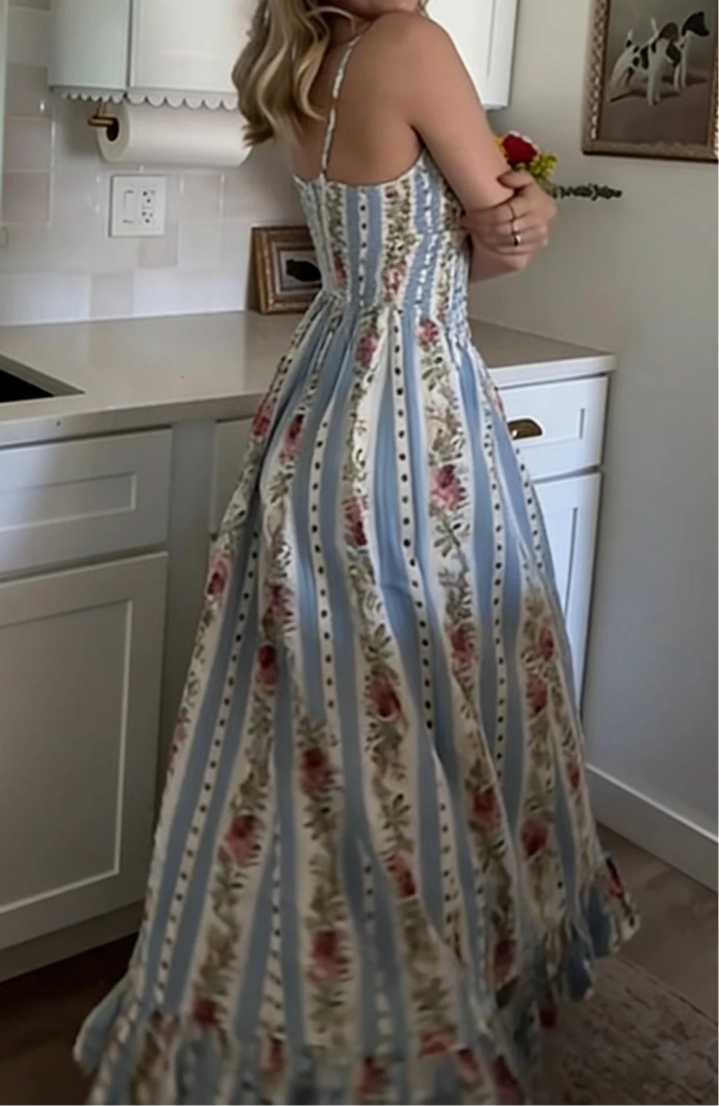 Blue White Stripe Floral V-Neck Tie Cami Flare Maxi Dress | Boho Vintage Tea Dress
