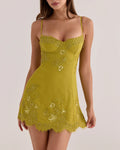 Mustard Yellow Lace Beaded Bustier Cami Mini Dress