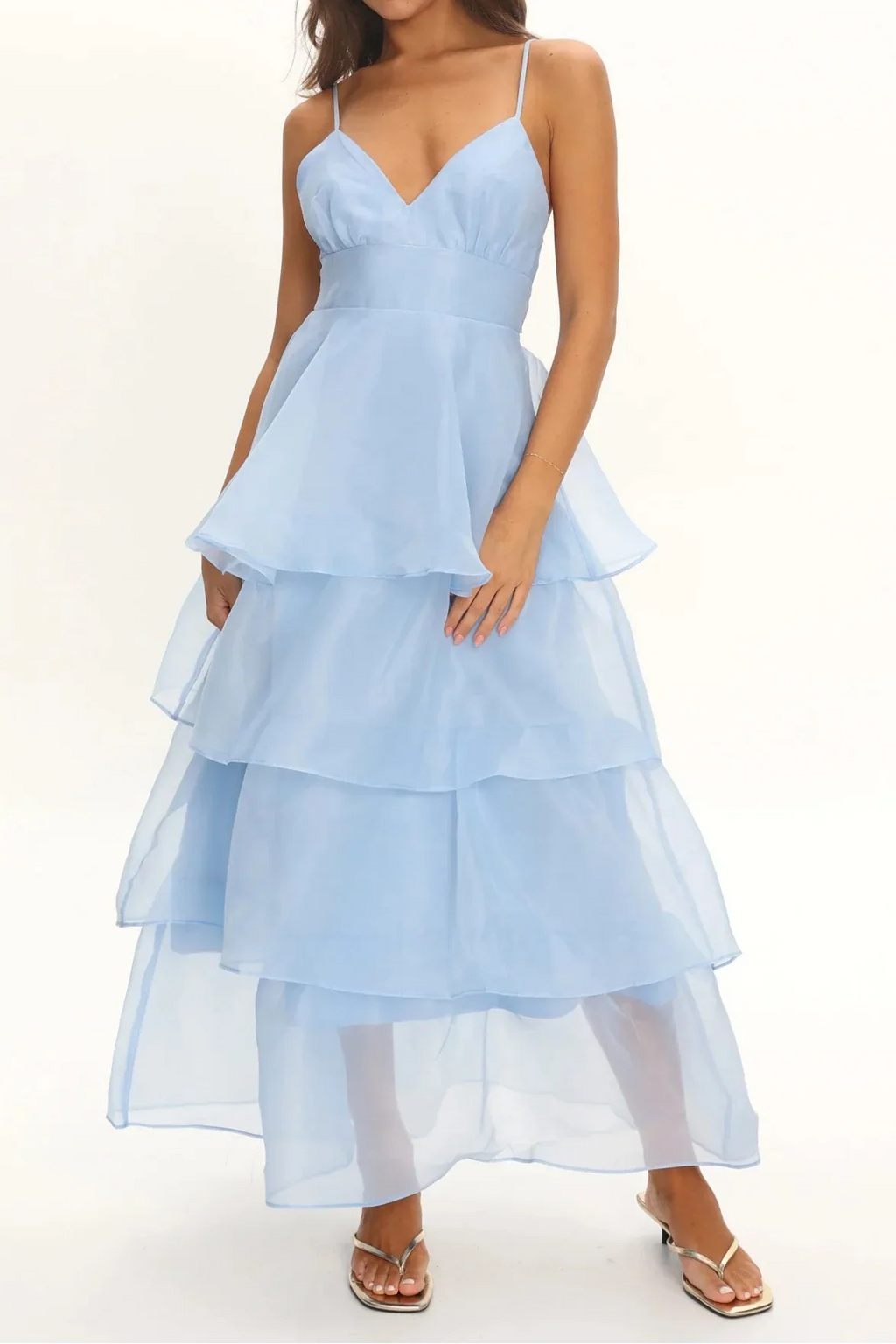 Light Blue V-Neck Spaghetti Strap Open Back Tiered Ruffle Cake Maxi Dress