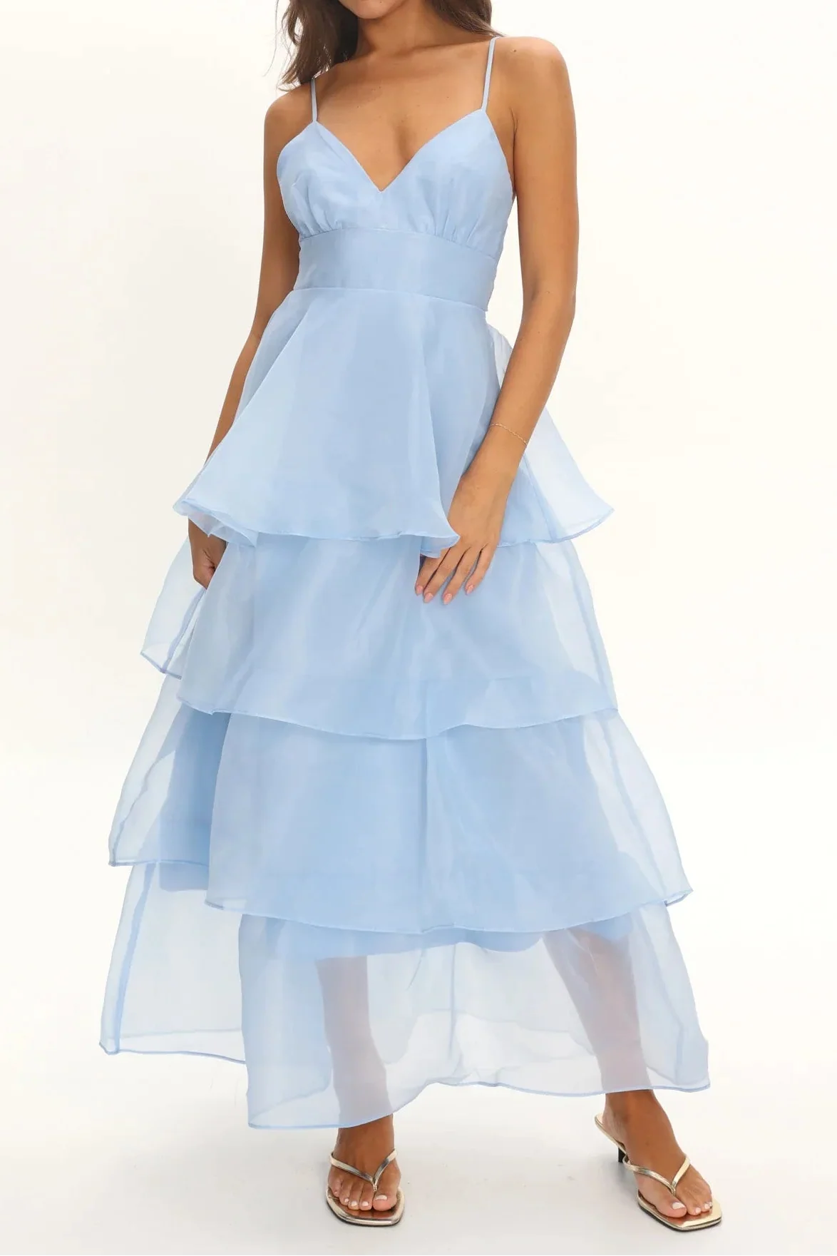 Light Blue V-Neck Spaghetti Strap Open Back Tiered Ruffle Cake Maxi Dress