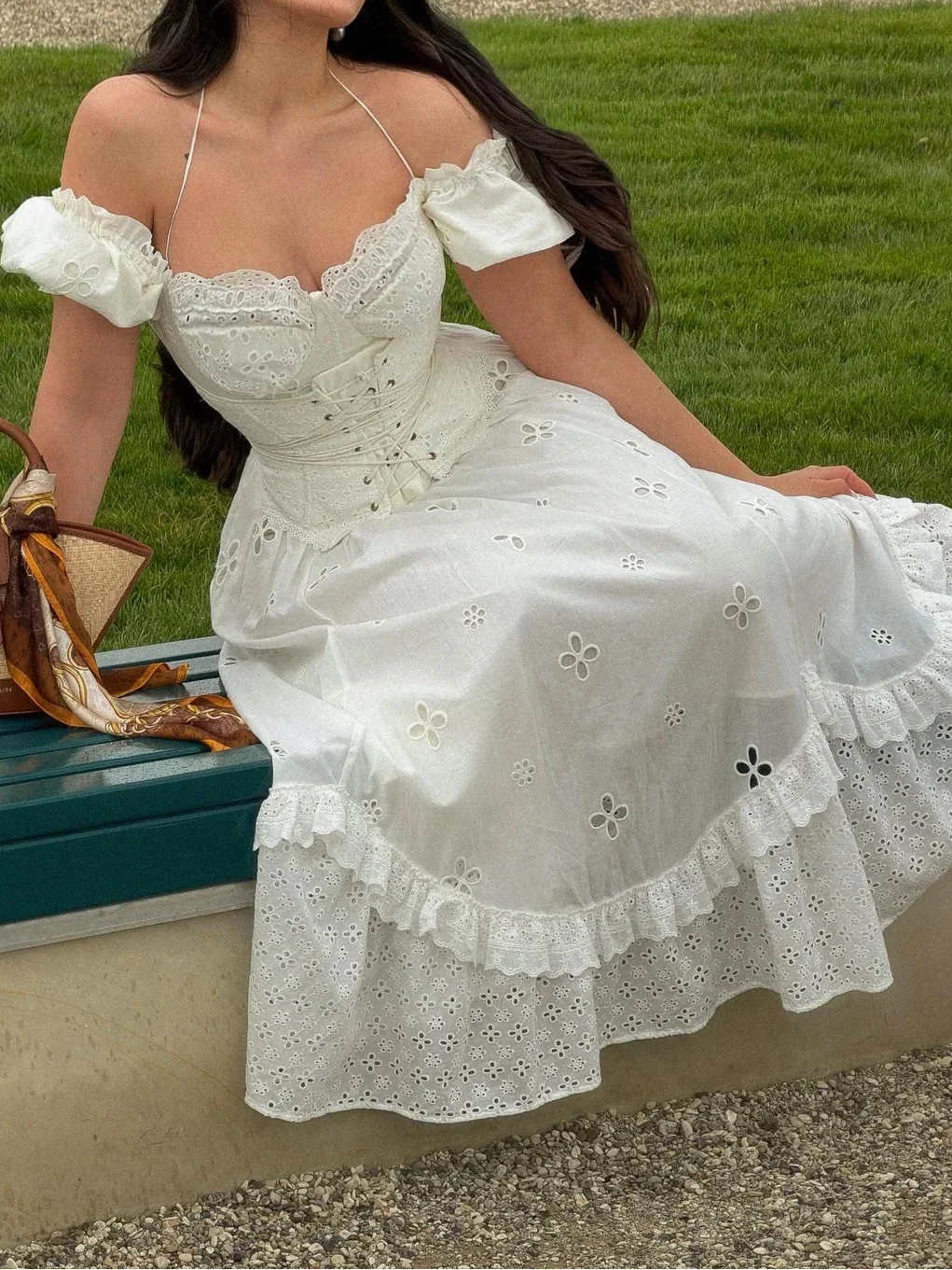 French Vintage Halter Off Shoulder Lace Corset Embroidered Maxi Dress