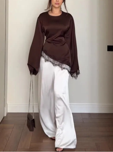 Satin Lace Trim Tie-Waist Flare Sleeve Top