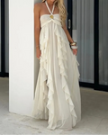 Cream White Halter Gold Rose Ruffled Backless Maxi Dress