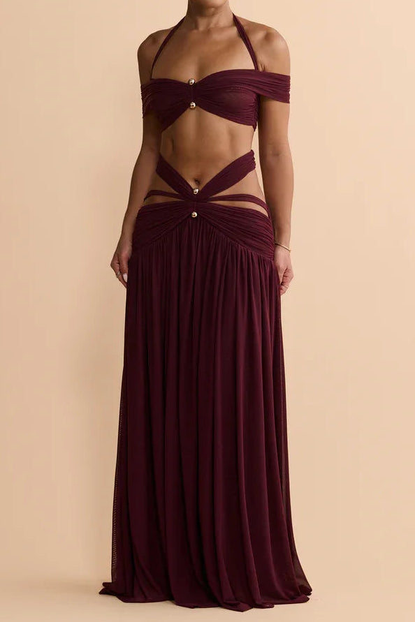 Halter Off-Shoulder Mesh Cut-Out Waist-Cinching Maxi Two-Piece Set | Sexy Backless Vacation Outfit