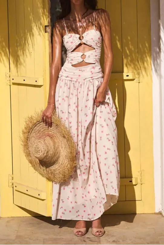 Beige Pink Floral Cutout Ruched Cami Maxi Dress | Vacation Style Sexy Backless Beach Dress