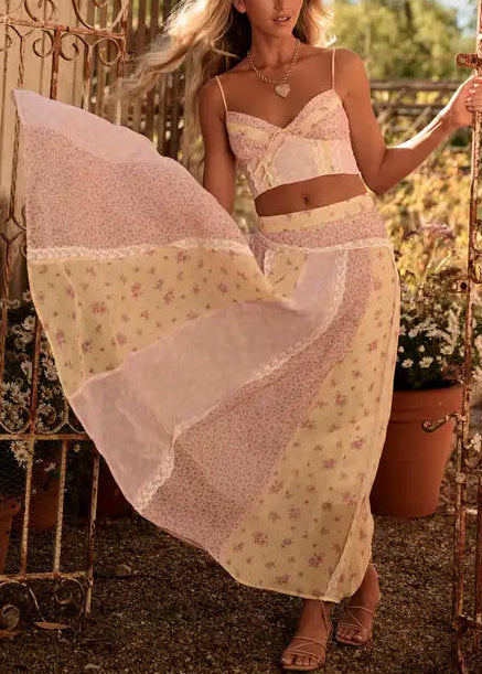 Pink Yellow Patchwork Floral Lace Cami Crop Top & Maxi Skirt Two Piece Set