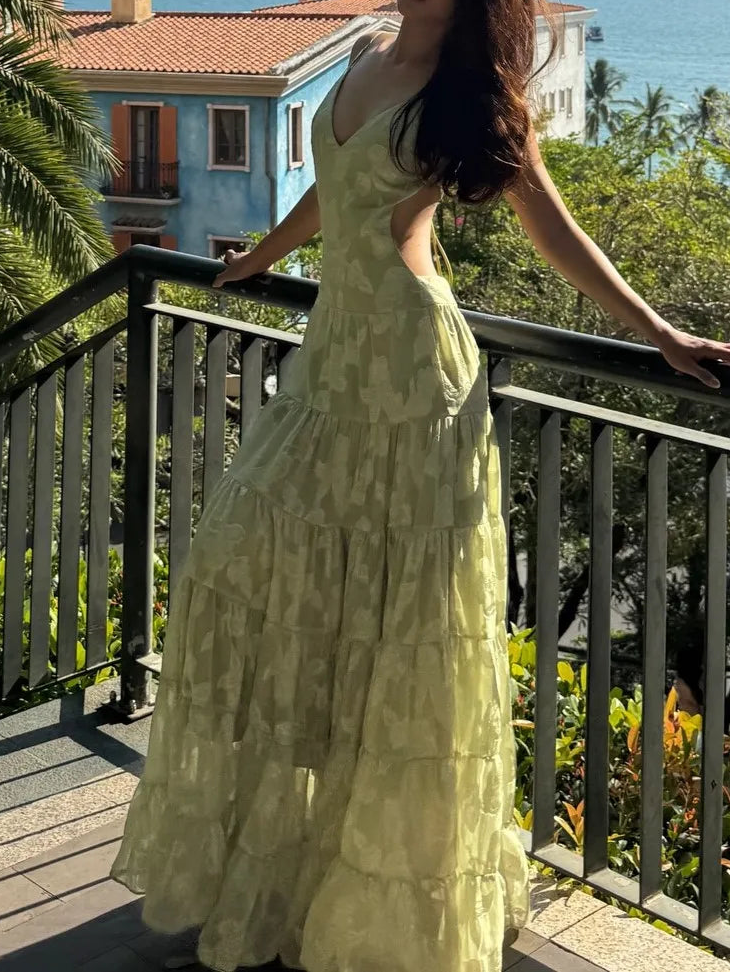 Light Green Jacquard Open-Back Tiered Maxi Dress