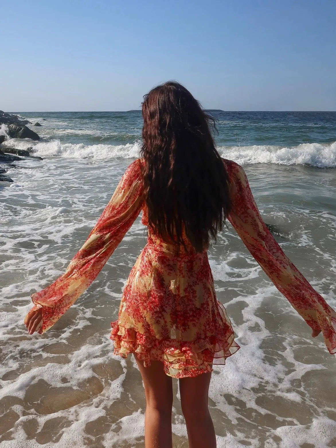Yellow Red Floral Print Deep V-Neck Long Sleeve Chiffon Mini Dress