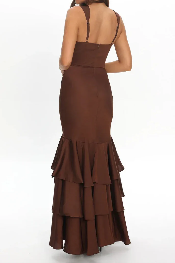 Chocolate Sweetheart Neckline Tiered Ruffle Mermaid Maxi Dress