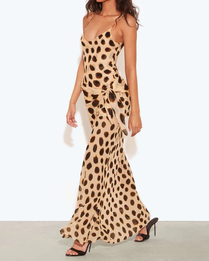 Beige Leopard Print Spaghetti Strap Waist Tie Bodycon Mermaid Maxi Dress