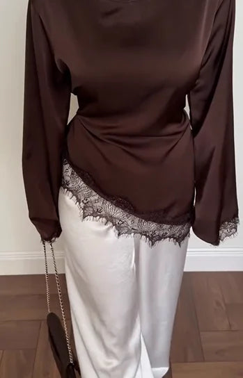 Satin Lace Trim Tie-Waist Flare Sleeve Top