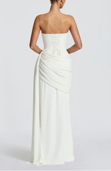 Strapless Cowl Neck Lace-Up Backless Ruched Mermaid Evening Maxi Dress