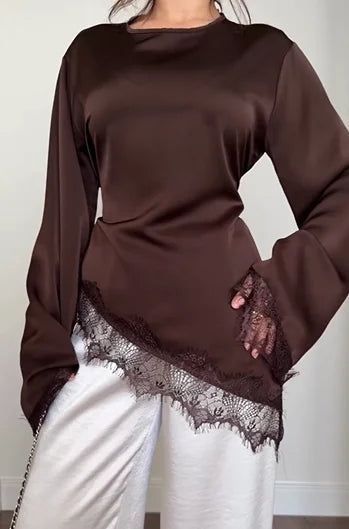 Satin Lace Trim Tie-Waist Flare Sleeve Top