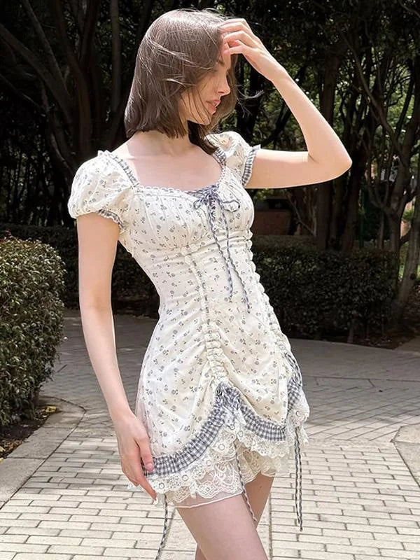 French Countryside Floral Puff Sleeve Mini Dress | Lace Trim Ruched
