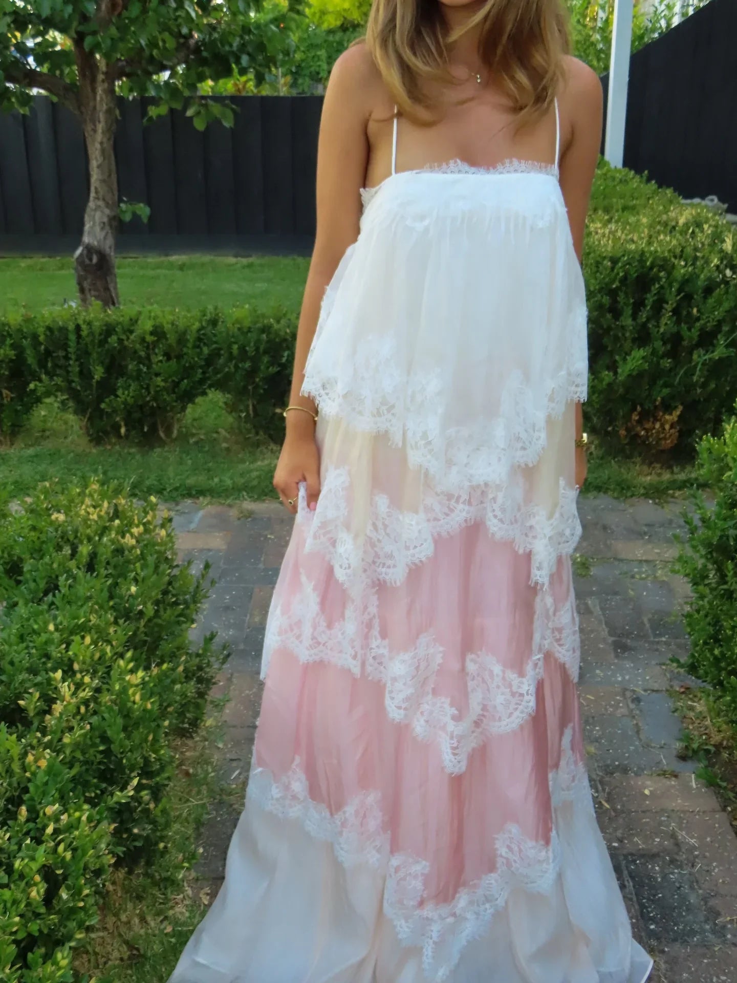 Pink & White Ombre Lace Layered Spaghetti Strap Cake Maxi Dress