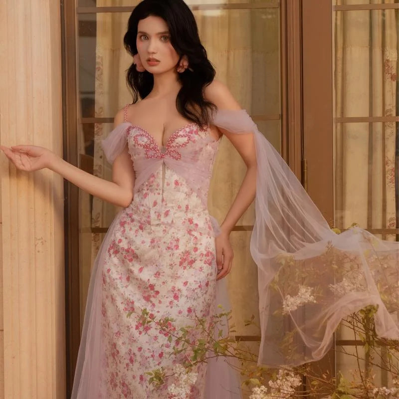 Lilac Butterfly Beaded Tulle Floral Mermaid Maxi Dress